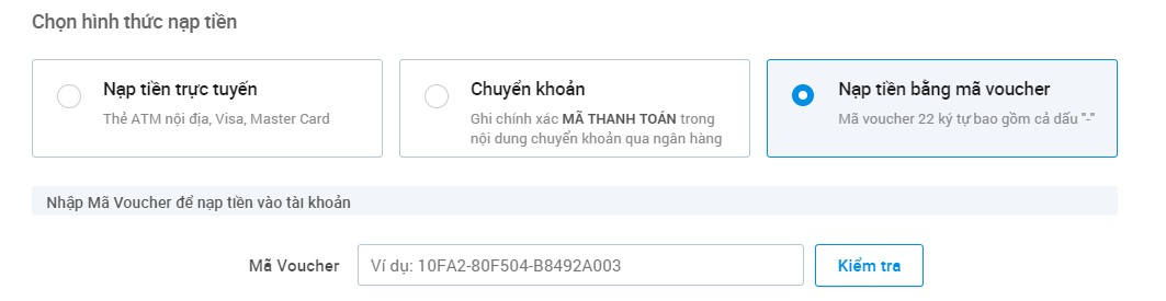 Nạp tiền bằng mã Voucher
